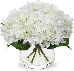 Elegant white orchid floral arrangement in a sleek white oval pot with ferns and greenery