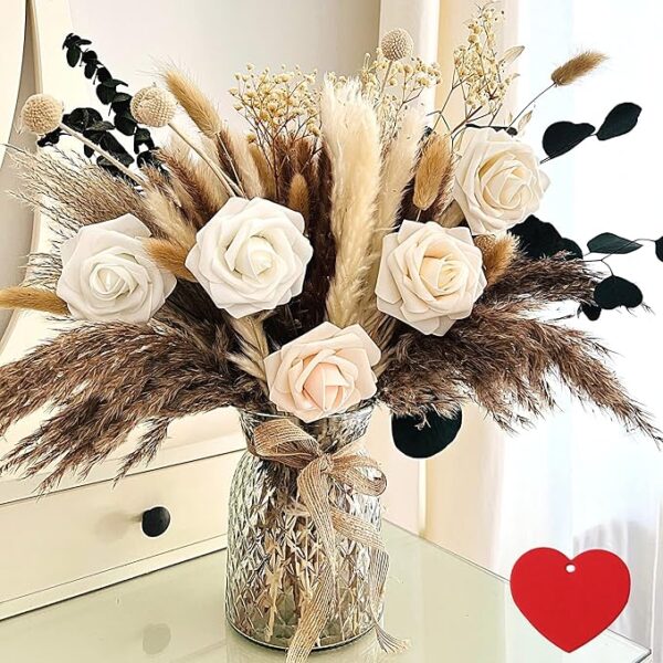 Elegant white artificial roses with pampas grass in a textured glass vase for modern home decor