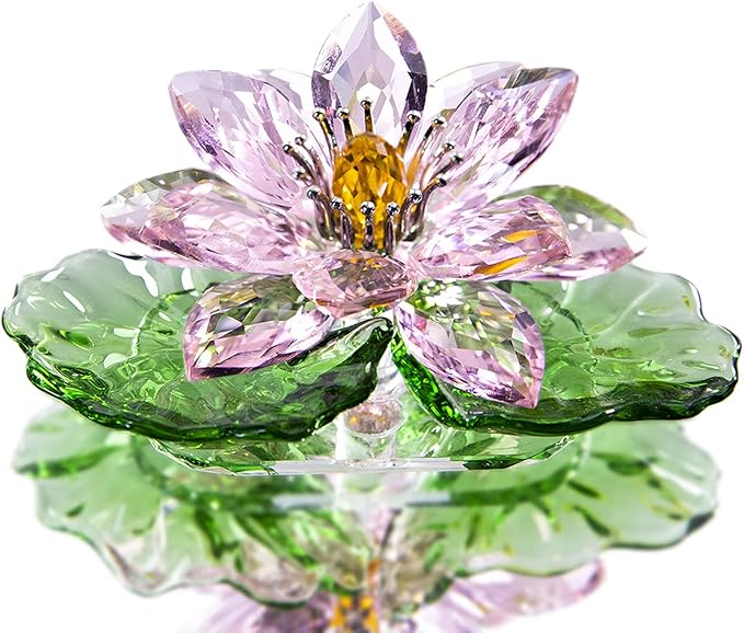 A pink sparkle crystal lotus flower with hue reflections, made of glass, packaged in a gift box, ideal for Feng Shui home decor