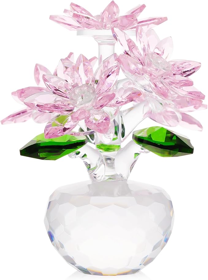 A handmade pink crystal flower figurine with a stand, designed as a decorative art collectible statue, ideal as a gift for women or a table centerpiece.