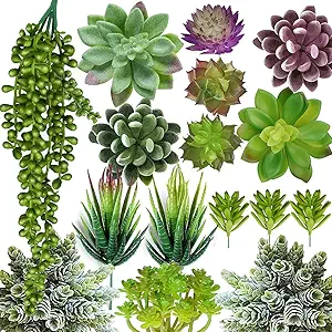 A set of 16 realistic artificial succulent plants, unpotted, in various sizes and shapes, ideal for crafting and DIY floral decor for home, garden, office, or party use