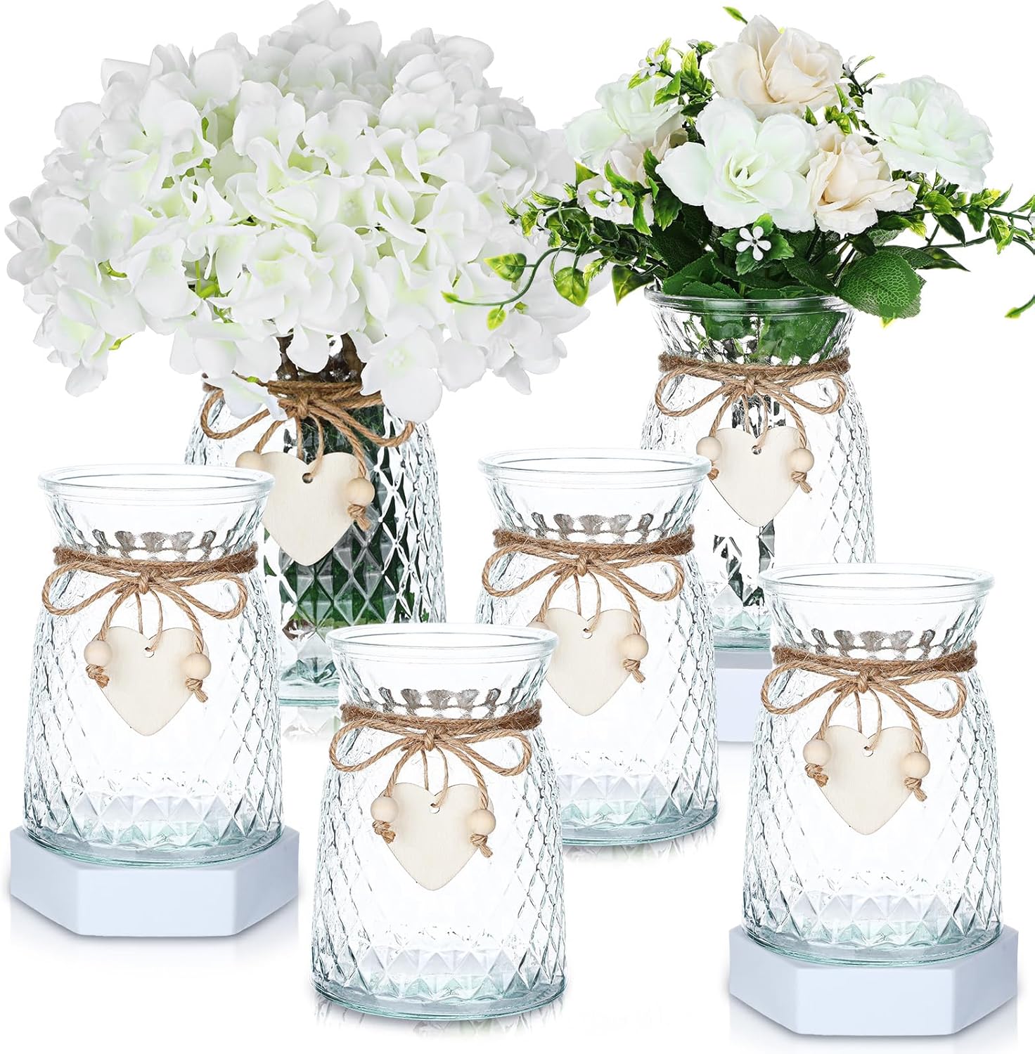 Set of 6 clear glass bud vases with twine rope and wooden heart labels, perfect for rustic and boho floral centerpieces.