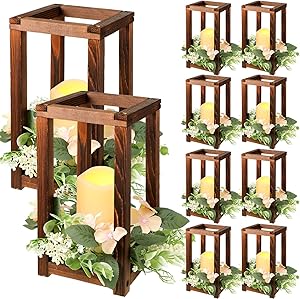 Set of rustic wooden lantern centerpieces with candles and floral decorations for weddings and events