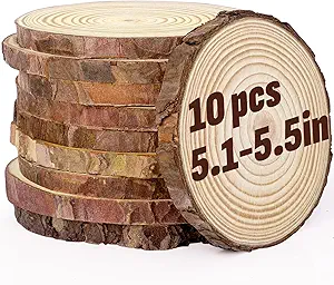 Stack of natural wood slices with bark edges, measuring 8–9 inches in diameter