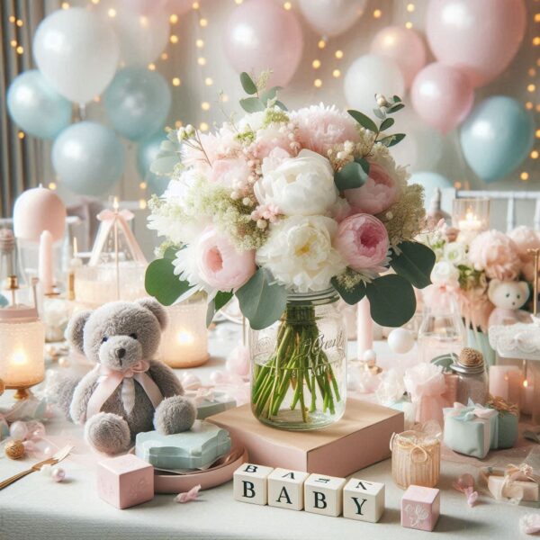 Soft pastel baby shower floral arrangement with elephant and bunny plush toys